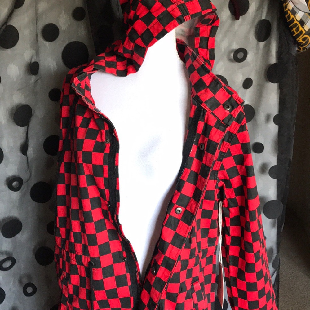 Checkered hooded zip/button drawstring jacket - Picture 6 of 6